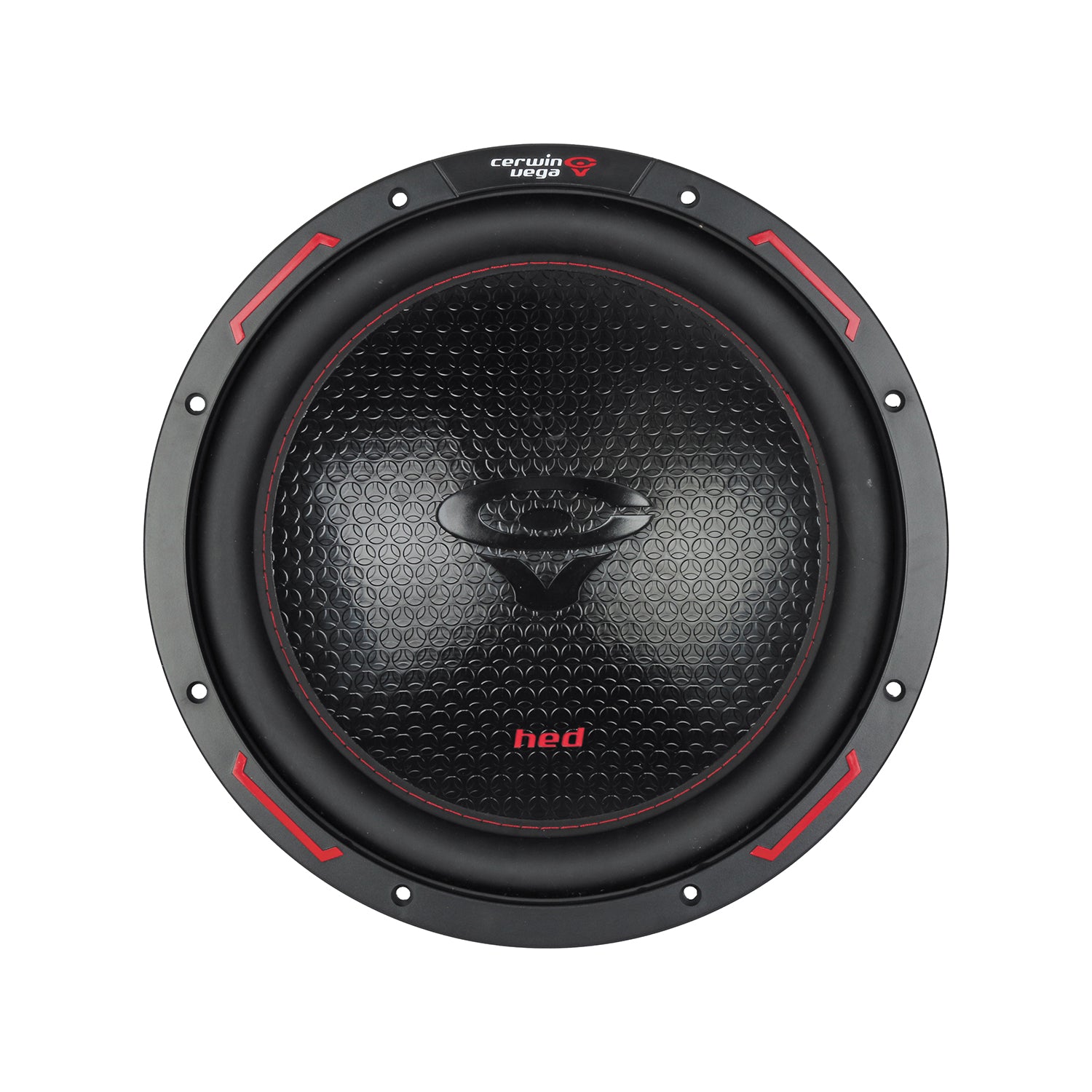 The HED 2025 Edition Subwoofer is a black circular 12" car subwoofer with a textured hexagonal diaphragm, featuring a central red logo and red accents. It includes metal mounting holes on the frame, with "Cerwin Vega" and "hed" printed on the outer ring. Model: H12DV2, Dual 2Ω voice coils.